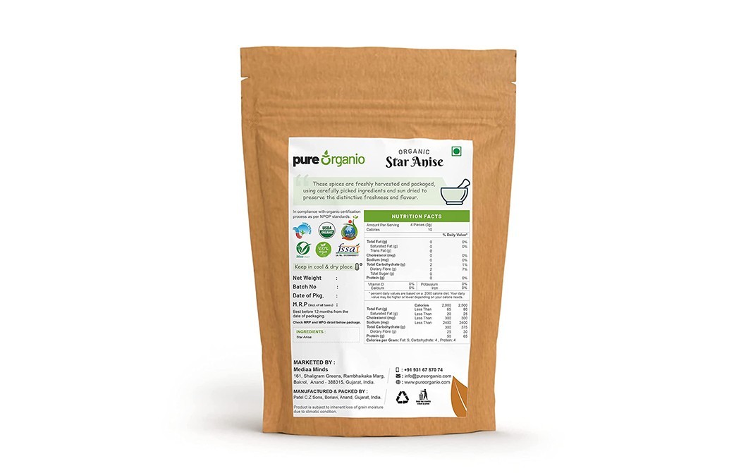 Pure Organio Organic Star Anise    Pack  100 grams